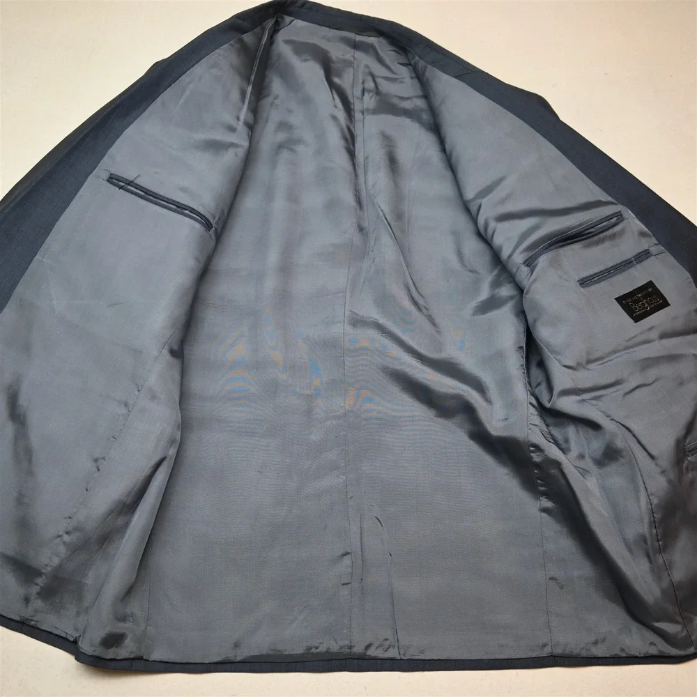 Vtg Y2K 2000s Boxy Double Breasted 42S 34x30 Blue Wool Mens Jacket Pants Suit